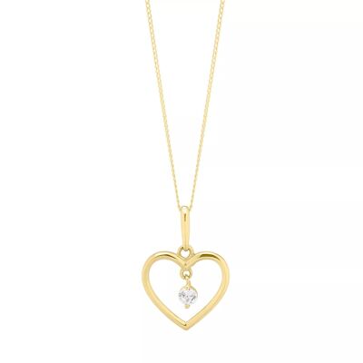 9ct Yellow Gold CZ Open Heart Pendant with 18" Trace Chain