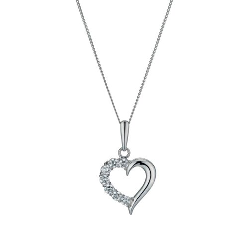 9ct White Gold Half Heart CZ Pendant with 18" Curb Chain