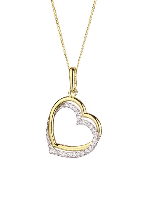 9ct Yellow Gold White CZ Double Heart Pendant