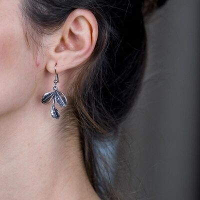 Oxidised Silver Three Bohemian Filigree Leaf Dangle Drop Hook Earrings