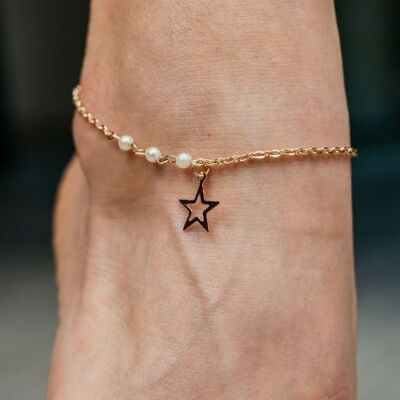 Bracelet de cheville en forme d'étoile fine et mince plaqué or avec trois perles blanches Boho
