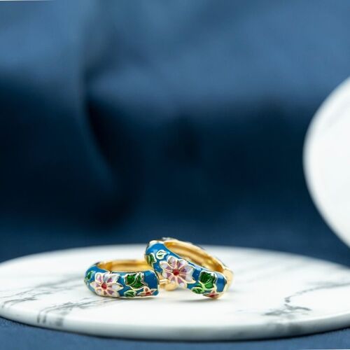 Gold Plated Large Blue Floral Multicolour Dainty Enamel Huggie Hoop Earrings