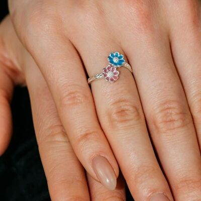 Anello estivo floreale in argento sterling blu rosa minuscolo girasole margherita
