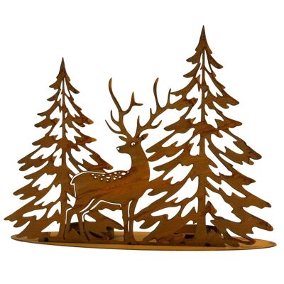 Rusty metal support with fir deer pattern 25 x 8 x 20 cm - Candle holder - Mounting decoration, ski vacation, mountain chalet
