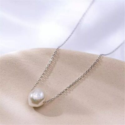Collar con colgante flotante minimalista de una sola perla blanca chapada en oro y plata