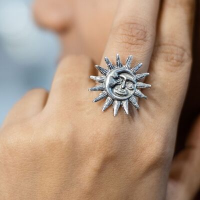 Big Silver Oxidised Smily Sun Crescent Moon Statement Ring