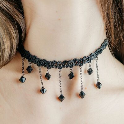 Collier ras du cou en dentelle perlée noire gothique victorienne Emo Halloween