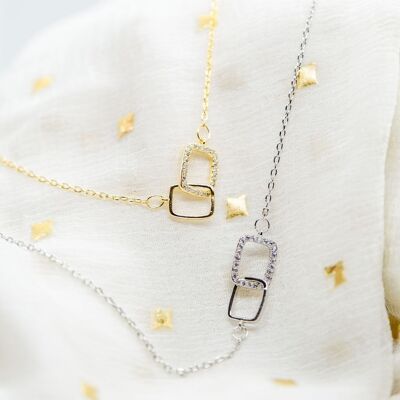 Sterling Silver Square Interlocking Zircon Clavicle Geometric Pendant Necklace