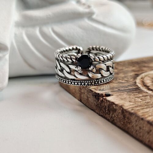 Thick Punk Chain Band Black Stone Open Cuff Adjustable Ring