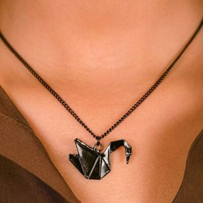 Black Large Paper Cranes Swan Origami Pigeon Pendant Necklace