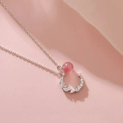 Collier pendentif demi-lune en argent sterling avec perle rose et lune