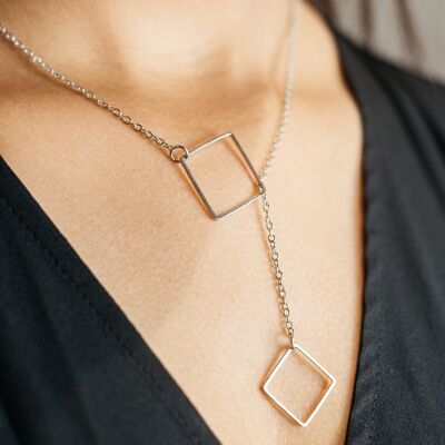 Lariat-Halskette mit zwei quadratischen Lariat-Tropfen in Y-Form, ineinandergreifendes rechteckiges Barren-Lariat-Design