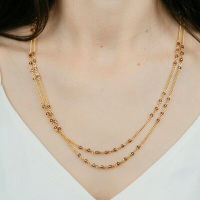 Collana di perle d&#39;oro a due fili per le donne, gioielli asiatici di perle rosa rosse in ottone multistrato, collana a catena delicata impilabile bohémien