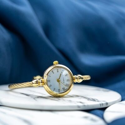 Gold Stainless Steel Roman White Dial Bangle Adjustable Bracelet Watch