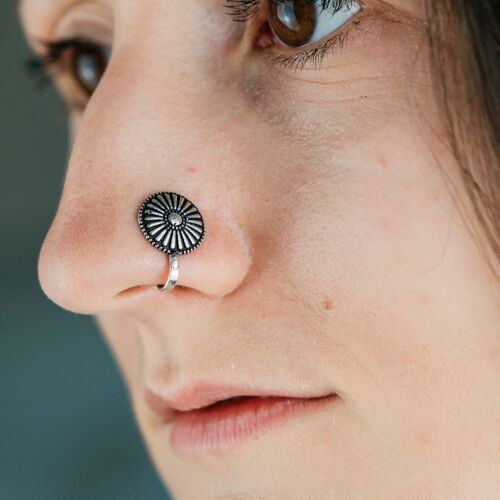 Oxidised Silver Round Antique Quality Clip On Non Pierced Tribal Nose Pin