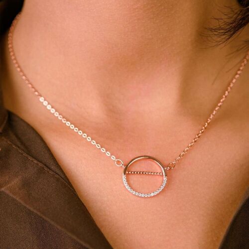 Sterling silver Hollow Disc Circle Rose Gold Zircon Circle Pendant Necklace