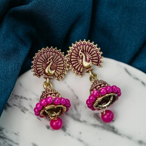 Small Pink Intricate Peacock Colourful Indian Ethnic Boho Festival Bridal Jhumki