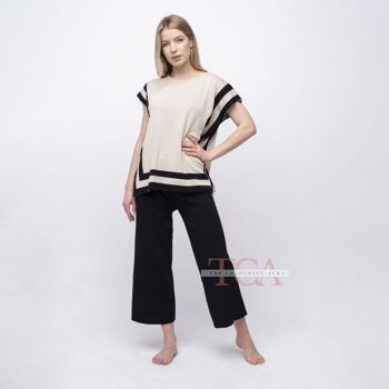 O-cou à manches courtes lâche haut carré pantalon jambe large ensemble de coord tricoté pour femmes 1