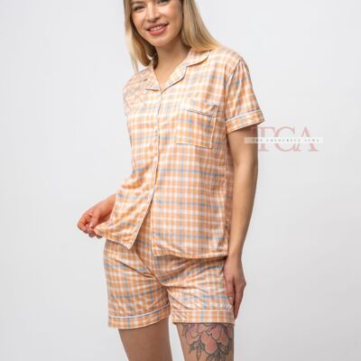 Orange und weiß karierter Nachtanzug aus weicher Baumwolle, Nachtwäsche für Damen, Payjama-Set