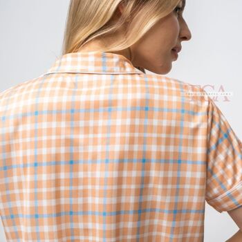 Ensemble de pyjama pour femme en coton doux à carreaux orange et blanc 4