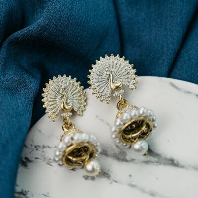 Small White Intricate Peacock Colourful Indian Ethnic Boho Bridal Jhumkis