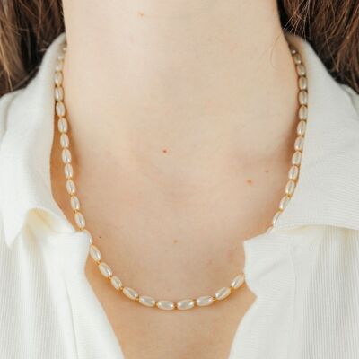 Kleine weiße ovale Süßwasserperlen-Unisex-Halskette für jeden Tag, 40,6 cm