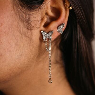 Puños de oreja de mariposa largos Cadena colgante Tassel Silver Climber Chain Studs