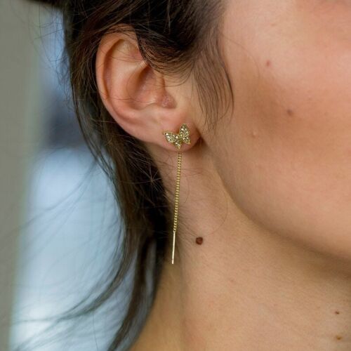 Long Gold Butterfly Ear Tassel Hanging Dangle Bone Chain Studs