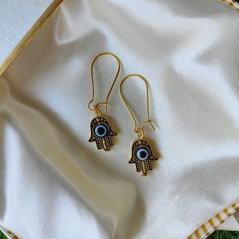 Boucle d'oreille Dainty Long Gold Evil Eye Fatima Hamsa Hand Huggie Latch Back Protection 3