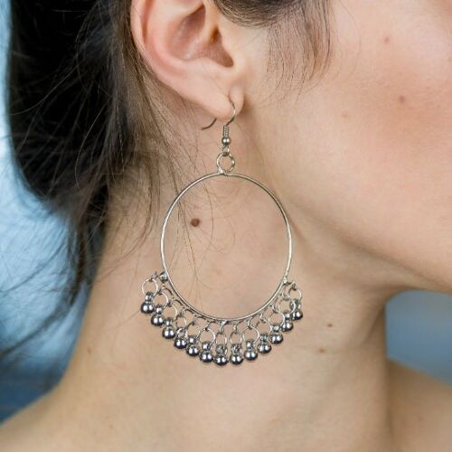 Silver Large Chand Bali Hoop Dangle Ghungroo Oxidised Ethnic Jhumka Earring