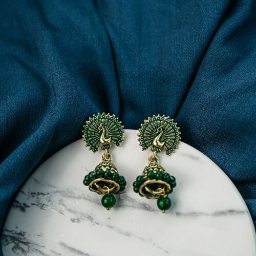 Small Green Intricate Peacock Colourful Indian Ethnic Festival Bridal Jhumki