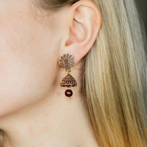 Small Maroon Intricate Floral Colourful Asian Indian Ethnic Boho Bridal Jhumka
