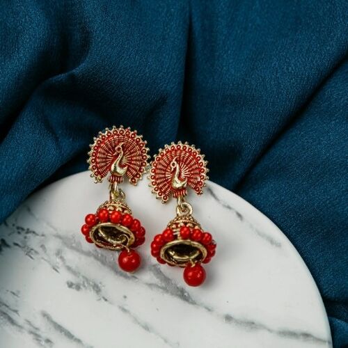 Small Orange Intricate Peacock Colourful Indian Ethnic Boho Bridal Jhumkis