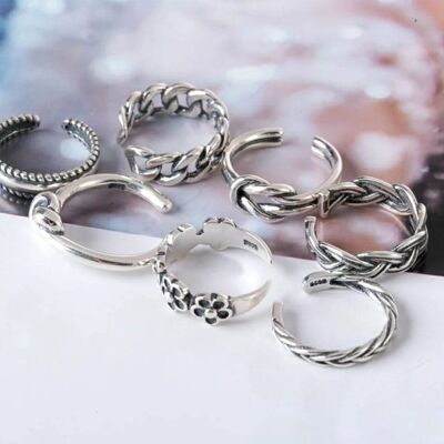 Set di 7 anelli in argento bohémien regolabile con fascia midi in argento da 7 pezzi