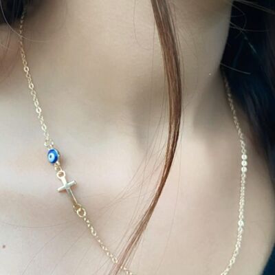 Blue Evil Eye Sideways Cross Christian Charm Minimalist Choker Dainty Collier