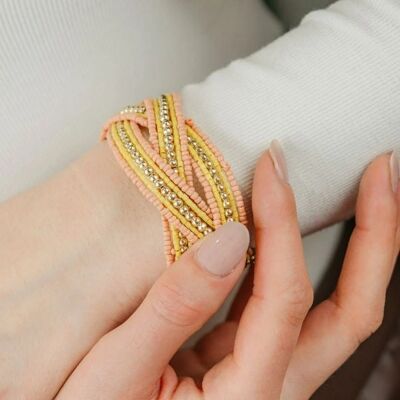 Brazalete nupcial indio bohemio ajustable con perla ancha dorada azul naranja