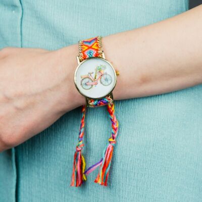 Boho Pulsera Cycle Print Yute Trenzado Gypsy Reloj de Pulsera para Mujer