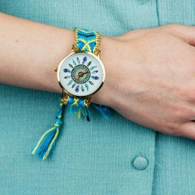 Reloj de pulsera con correa de punto de yute bohemio con arte de mandala bohemio