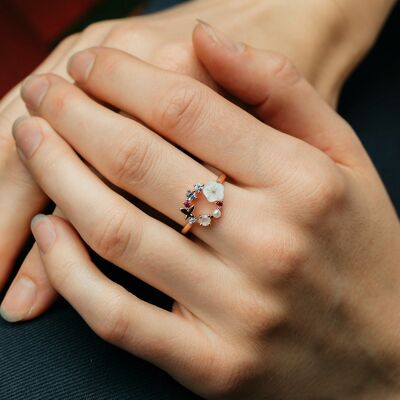 Butterfly Floral Crystal Zircon Rose Gold Slim Ring For Women