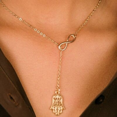 Hamsa Fatima Infinity Interlock Y Shape Hamsa Evil Eye Lariat Drop Necklace