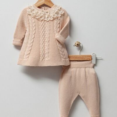 Ensemble bébé fille en coton biologique 0-9 M avec col en dentelle