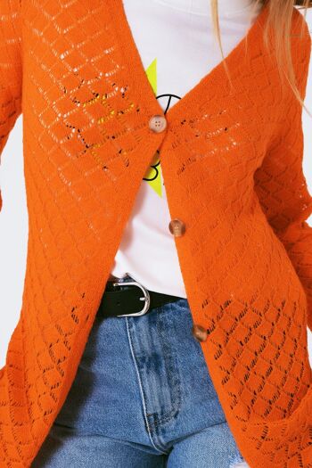 Cardigan mi-long en crochet orange 4