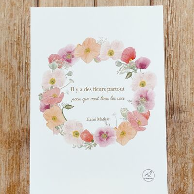 Póster A4 en acuarela "Hay flores por todas partes para quien quiera verlas" con dorado