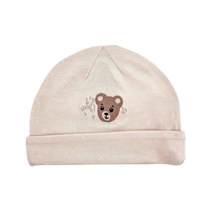 Baby newborn hat beige with embroidered bear | May Mays | 0-6 weeks