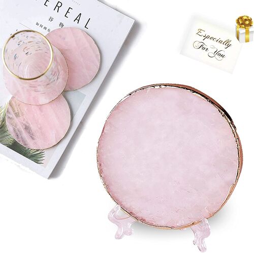 Natural Rose Quartz Geode Crystal Love Coaster Set Gold Plated New Home Gift