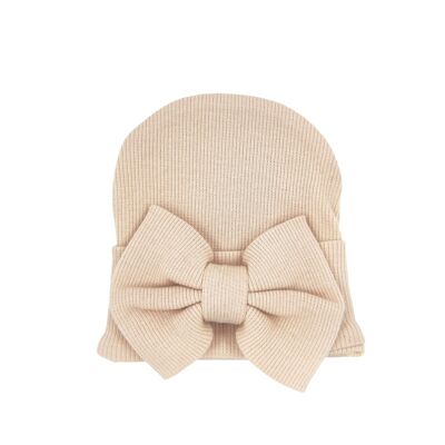 Baby newborn hat beige with bow | May Mays | 0-4 weeks