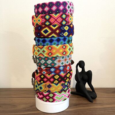 XL (49-59 cm) leather dog collar, colorful knitted, boho style