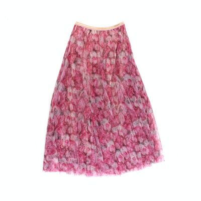 Falda a capas de tul con estampado de peonías rosas, Mediana (12-14)