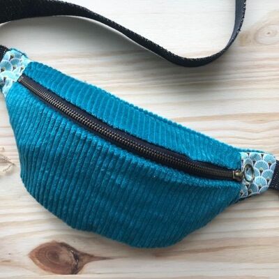 Corduroy Belt Bag - Turquoise - Blue Fans