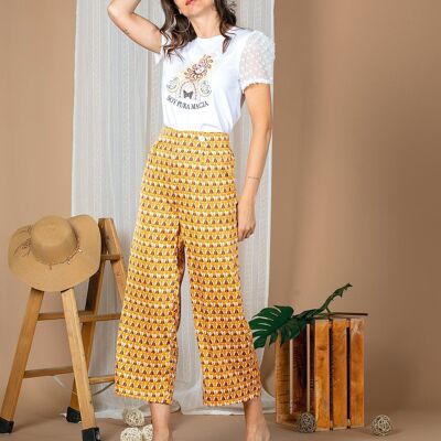 PANTALON SATEN MOSTAZA ESTAMPADO GEOMETRICO